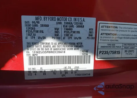 1998 Ford Explorer Eddie Bauer/Limited/Xlt из США, поврежденный, VIN 1FMZU35P8WZC20618